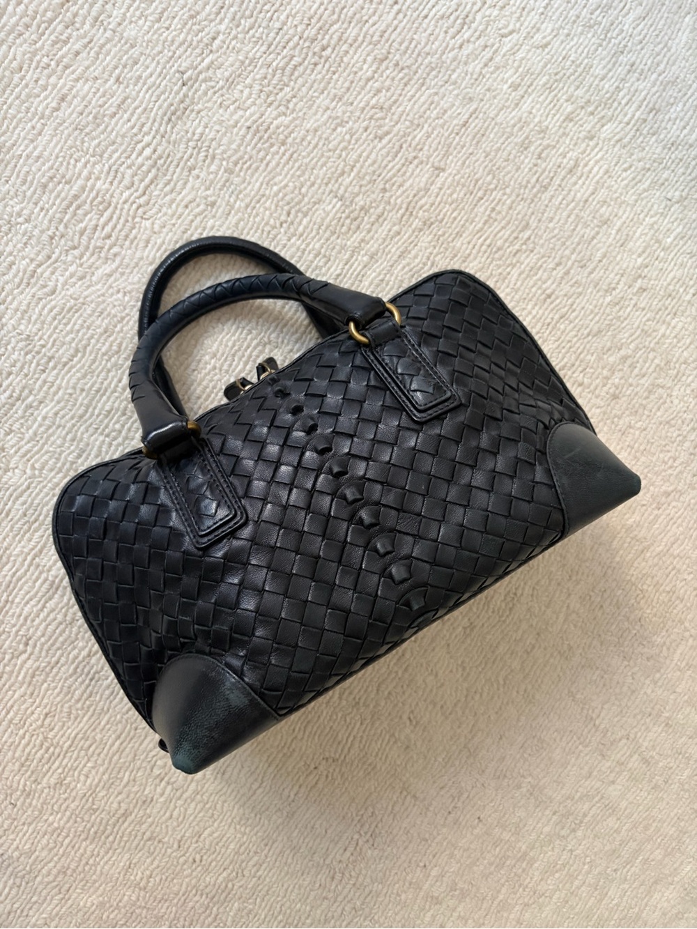 Bottega Veneta Intrecciato Woven Leather Top Handle Bag Black Classic
